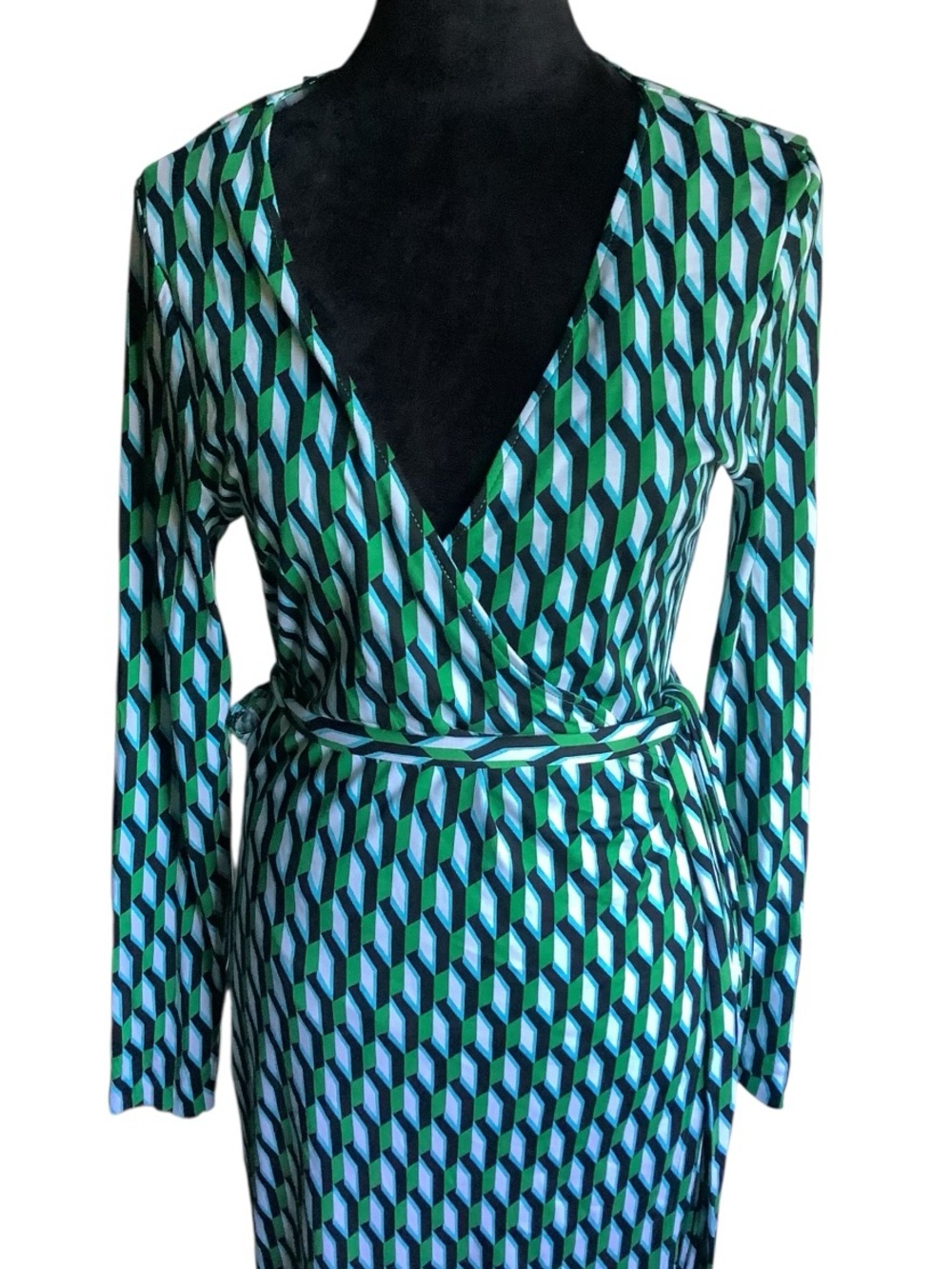 DVF for Target Wrap Dress Medium Green Blue Geometric Long Sleeve - Picture 3 of 9